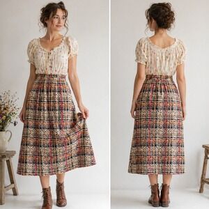 Vintage 1970s Quilted Floral Midi Skirt S Multicolor Plaid Cottage Prairie Boho